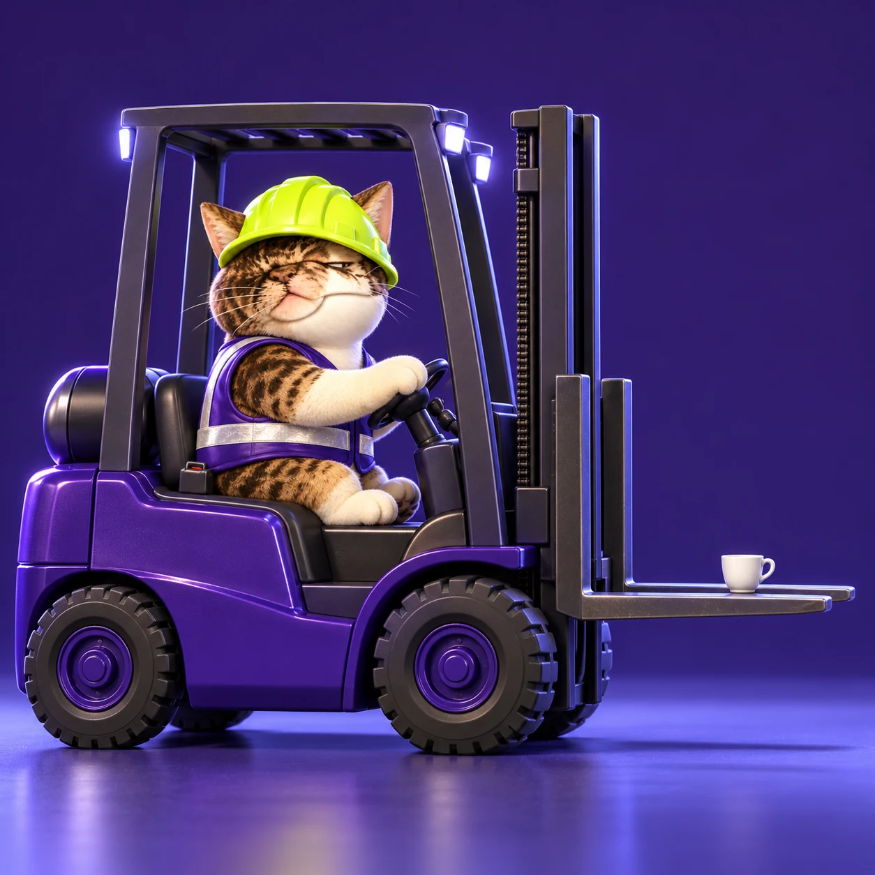 CATE using the entire forklift to move one small cup of coffee.